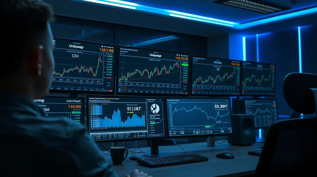 Analyst reviewing Uniswap UNI token charts and decentralized exchange data on trading desk monitors.