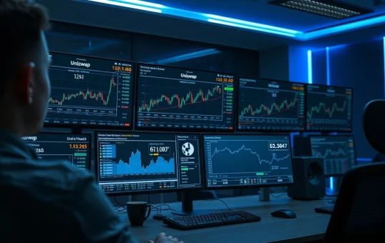 Analyst reviewing Uniswap UNI token charts and decentralized exchange data on trading desk monitors.