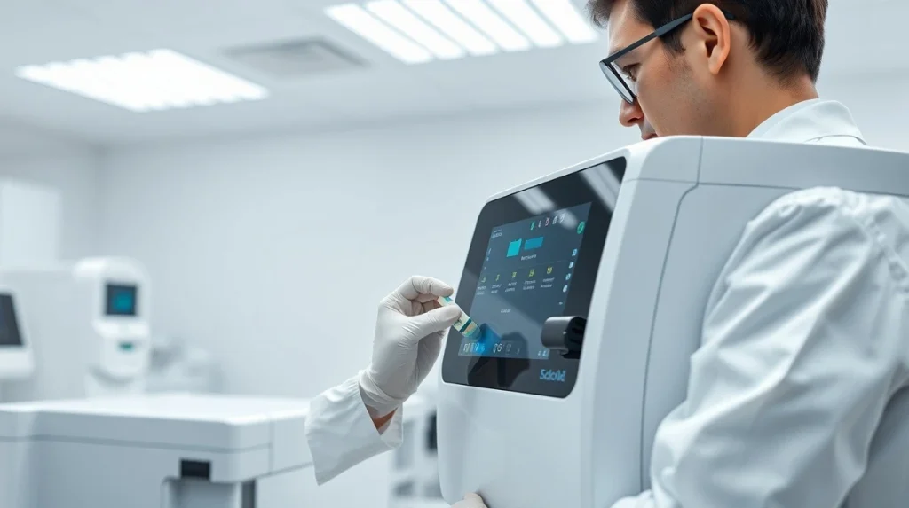 Scientist operating advanced in vitro diagnostics equipment in a clinical laboratory setting.