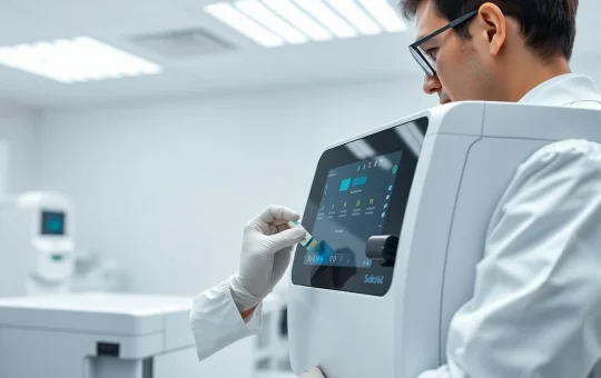 Scientist operating advanced in vitro diagnostics equipment in a clinical laboratory setting.