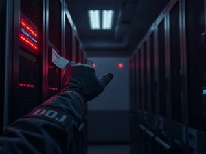 US Department of Justice agents seizing cryptocurrency servers in a major fraud crackdown operation.