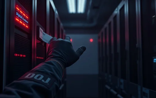 US Department of Justice agents seizing cryptocurrency servers in a major fraud crackdown operation.