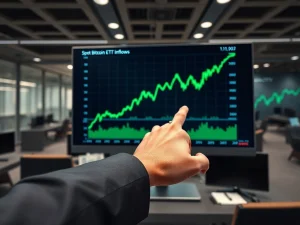 Chart showing record-breaking U.S. spot Bitcoin ETF inflows on a financial trading desk monitor.