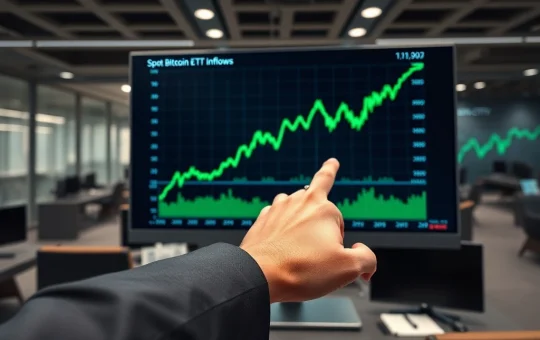 Chart showing record-breaking U.S. spot Bitcoin ETF inflows on a financial trading desk monitor.