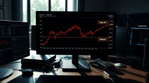 Financial chart showing USD/JPY crossing 160 as Bitcoin price falls, illustrating market correlation risk.