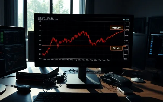 Financial chart showing USD/JPY crossing 160 as Bitcoin price falls, illustrating market correlation risk.