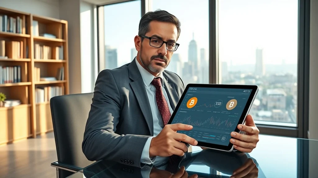 Financial advisor reviews cryptocurrency options in 401(k) retirement plan dashboard, representing institutional adoption.