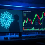Conceptual split image showing AI circuits and cryptocurrency market data charts.