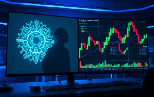 Conceptual split image showing AI circuits and cryptocurrency market data charts.