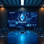 Corporate boardroom with screen showing Ethereum blockchain data visualizations.