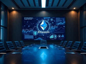 Corporate boardroom with screen showing Ethereum blockchain data visualizations.