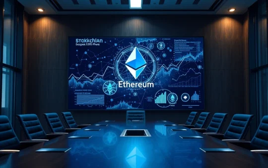 Corporate boardroom with screen showing Ethereum blockchain data visualizations.