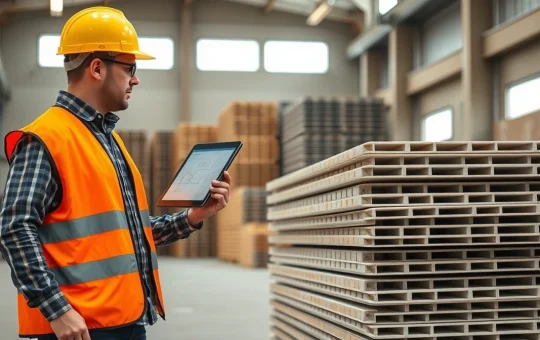 Construction manager inspecting wall panels and drawings before supplier selection and import process