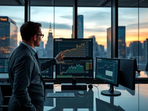 Wall Street trading floor analyzing Bitcoin charts and digital asset data for institutional custody and ETF services.