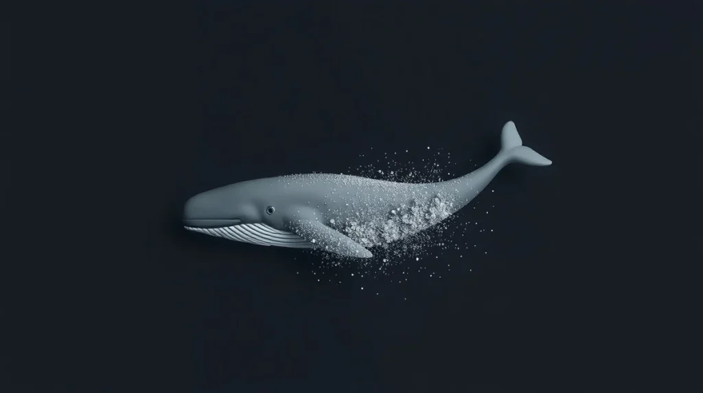 WHITEWHALE memecoin symbol dissolving, representing the 72% token crash after founder departure.