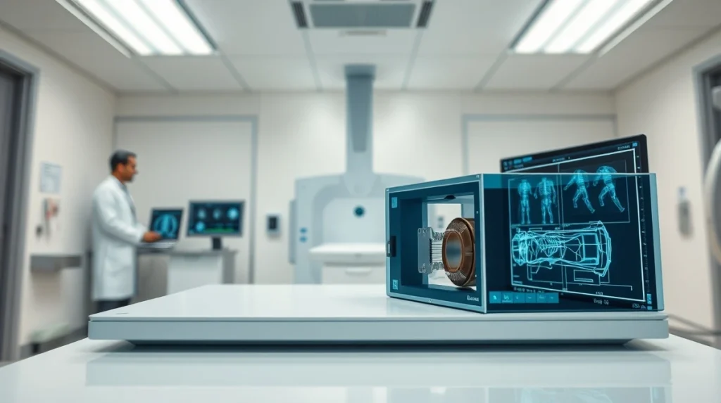 Advanced flat panel X-ray detector in a medical imaging setting, representing market growth and technological innovation.