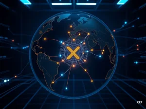 XRP and RippleNet facilitating global financial data flows between major cities for cross-border payments.