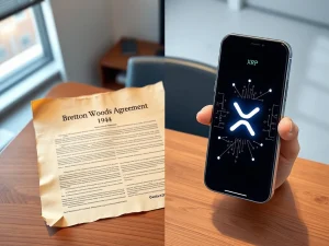 Historical Bretton Woods document connected to modern XRP cryptocurrency interface, representing the 37-year global currency plan