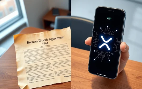 Historical Bretton Woods document connected to modern XRP cryptocurrency interface, representing the 37-year global currency plan