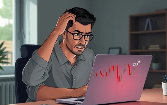 Distressed cryptocurrency investor watches XRP price decline on laptop chart, March 2026 market sell-off.