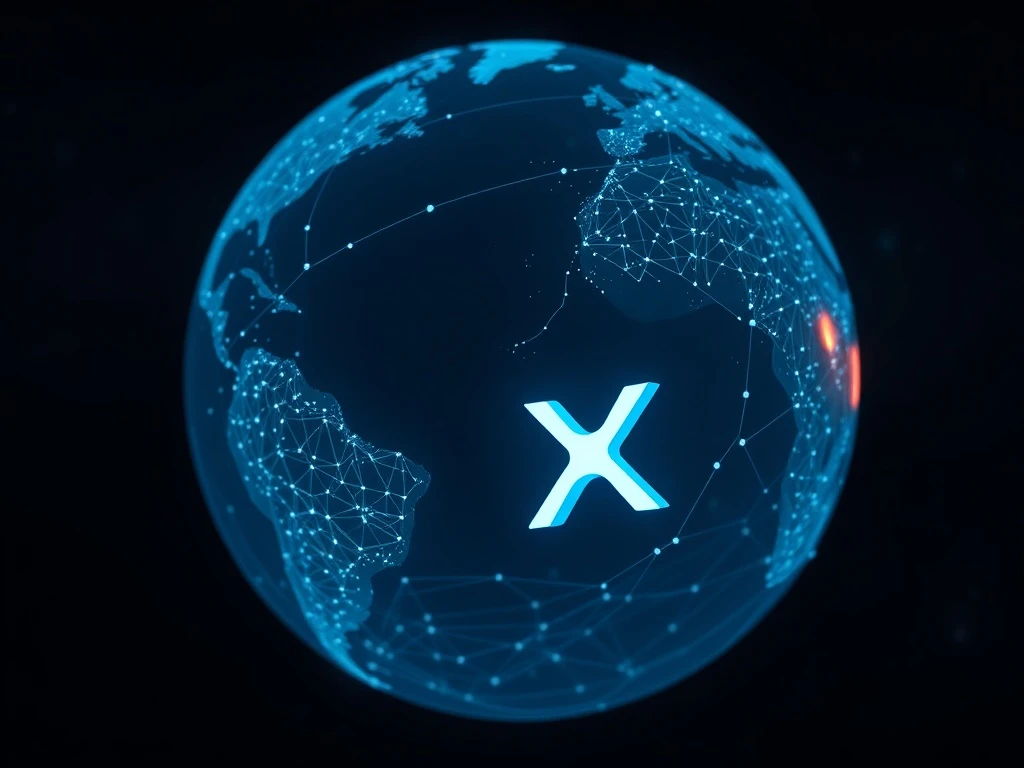 Global digital network with XRP token symbol representing exclusive 0.03% ownership and price analysis.