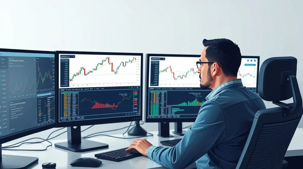 Financial analyst examining XRP cryptocurrency price charts and market data in professional trading environment