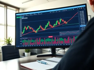 Analyst reviewing XRP cryptocurrency price chart on a computer screen in an office setting.