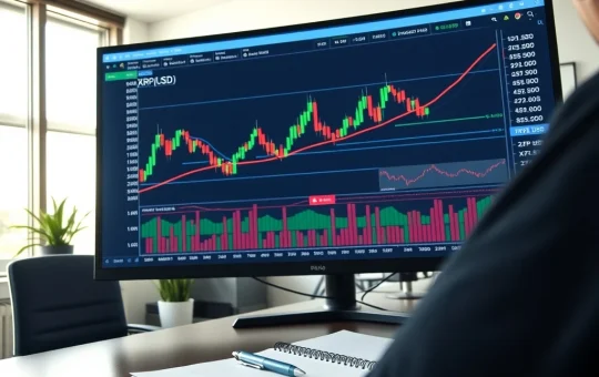 Analyst reviewing XRP cryptocurrency price chart on a computer screen in an office setting.