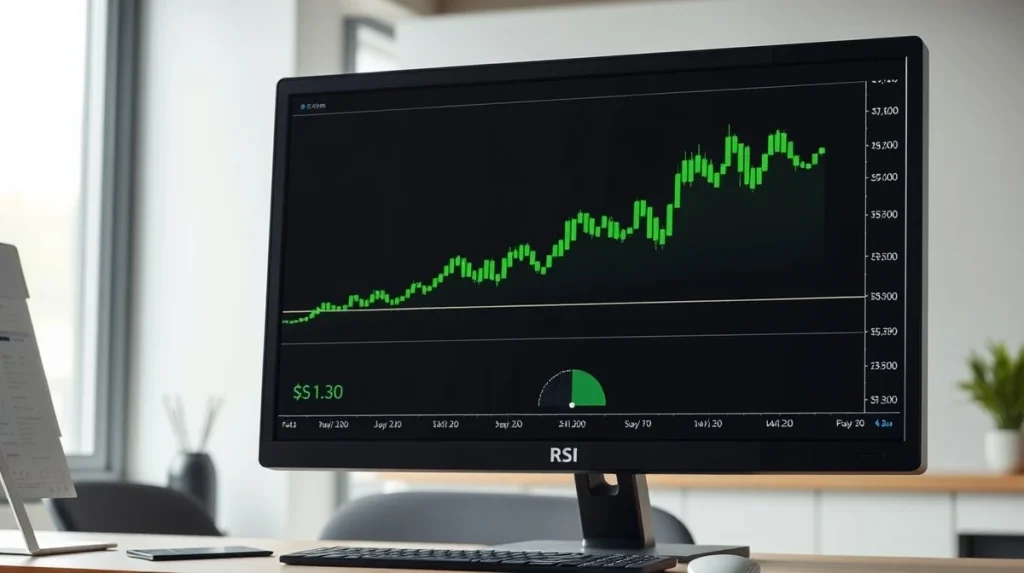 Analyst monitoring XRP price chart showing key support at $1.30 and RSI indicator near oversold levels.