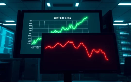 Data visualization showing XRP ETF inflow growth contrasting with Bitcoin ETF outflows in a financial analysis context.