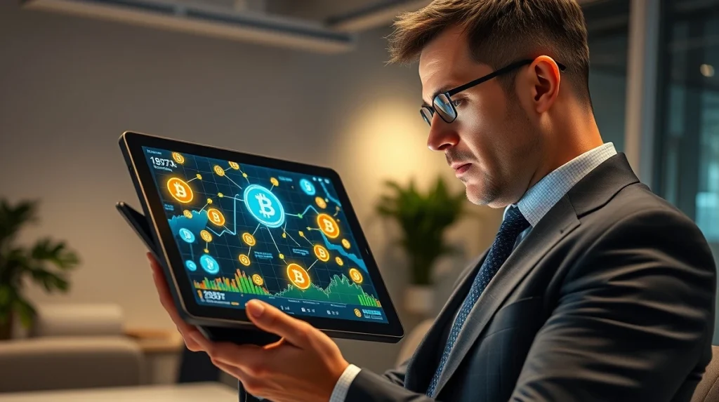 Investor analyzing YONGDELI YDL token presale data on a digital tablet interface.