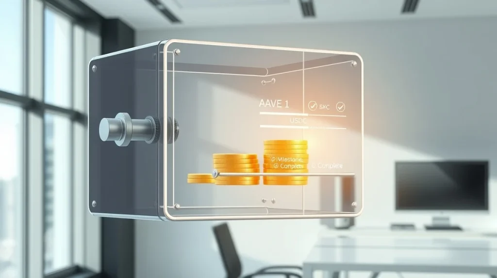 Aave DAO's milestone-based funding strategy visualized as a digital vault with progress tracking.
