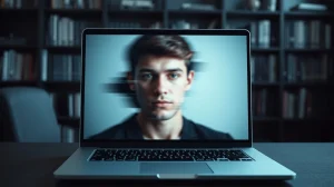 AI deepfake tool JINKUSU CAM manipulating facial verification on a laptop, representing crypto KYC security threat.