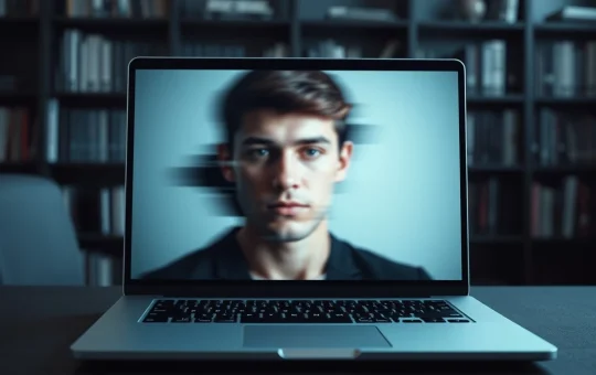 AI deepfake tool JINKUSU CAM manipulating facial verification on a laptop, representing crypto KYC security threat.