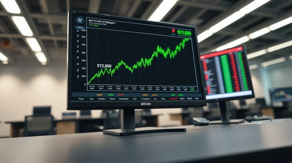 Bitcoin price chart showing a surge toward $72,000 on a trading terminal, indicating potential short squeeze conditions.