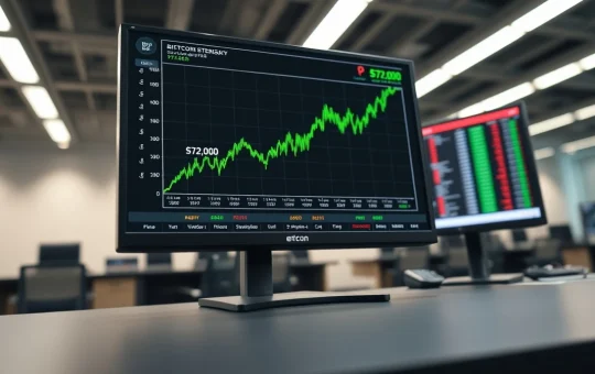 Bitcoin price chart showing a surge toward $72,000 on a trading terminal, indicating potential short squeeze conditions.