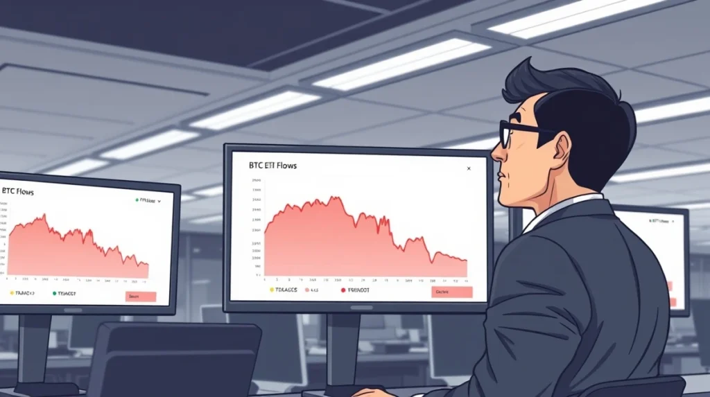 Analyst monitors significant Bitcoin ETF outflows on a financial trading desk.