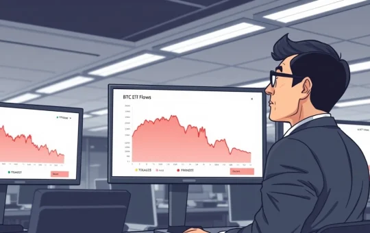 Analyst monitors significant Bitcoin ETF outflows on a financial trading desk.