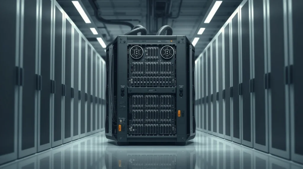 Industrial Bitcoin mining rig during a period of declining network difficulty and miner activity.