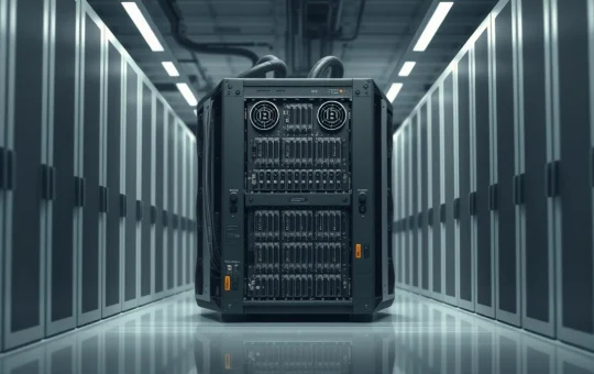 Industrial Bitcoin mining rig during a period of declining network difficulty and miner activity.