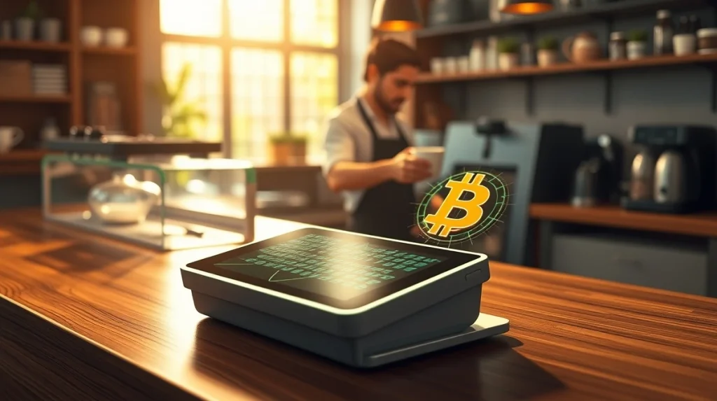 Bitcoin-powered Money Grid terminal for global merchant adoption in a coffee shop setting