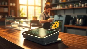 Bitcoin-powered Money Grid terminal for global merchant adoption in a coffee shop setting