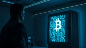 Bitcoin and national security strategy analysis in a secure command center setting.