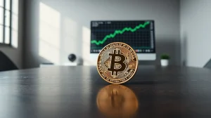 Bitcoin price prediction 2026: BTC coin on table with upward chart in background symbolizing future value growth