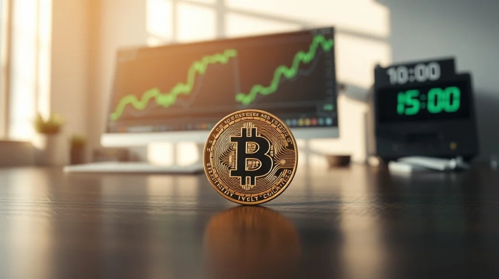 Bitcoin coin on a desk with a rising chart on a monitor, representing the Bitcoin rally supercharged by Strategy according to Bitwise analysis.