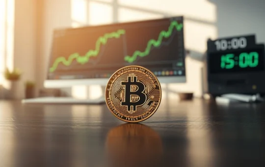 Bitcoin coin on a desk with a rising chart on a monitor, representing the Bitcoin rally supercharged by Strategy according to Bitwise analysis.
