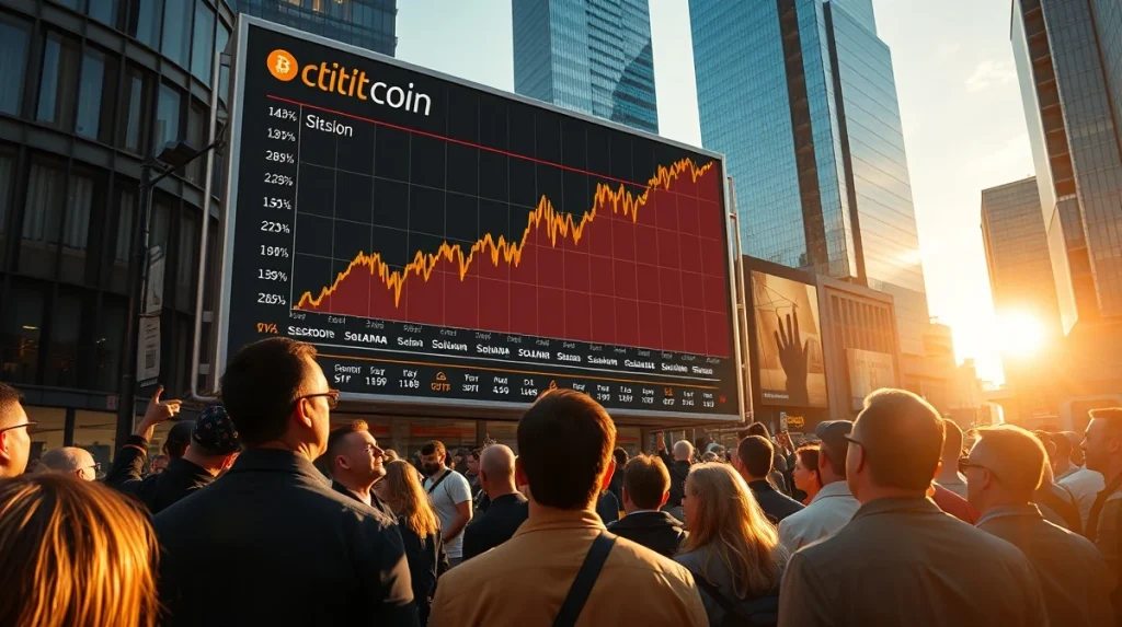Bitcoin and Solana FOMO chart on a digital display in a financial district, with a crowd watching, representing Santiment's warning of market caution.