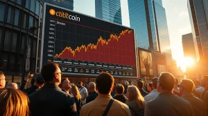 Bitcoin and Solana FOMO chart on a digital display in a financial district, with a crowd watching, representing Santiment's warning of market caution.