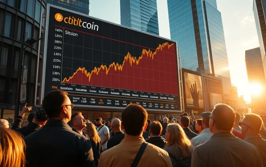 Bitcoin and Solana FOMO chart on a digital display in a financial district, with a crowd watching, representing Santiment's warning of market caution.