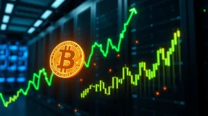 Analysis of Bitcoin and XRP price surge showing digital market data visualization.